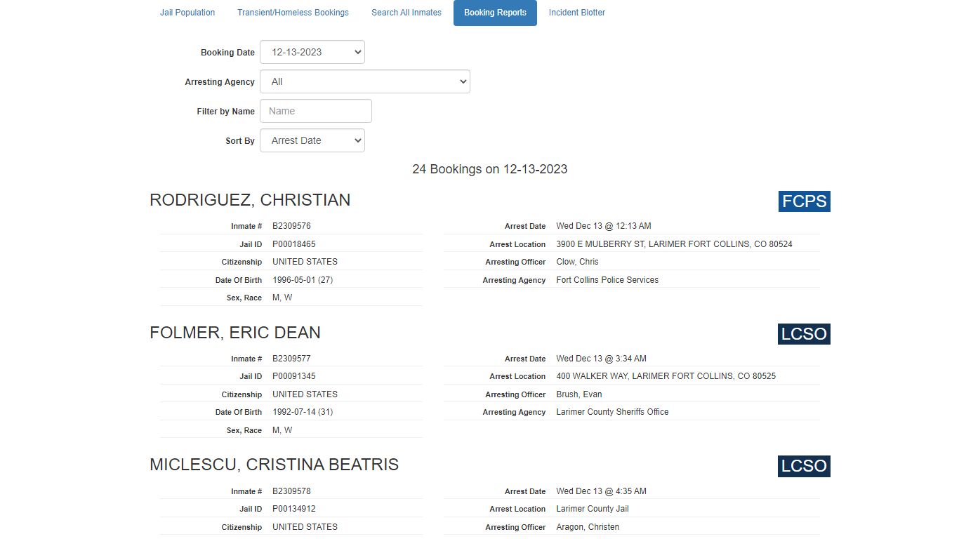 Booking Report - Larimer County Sheriff